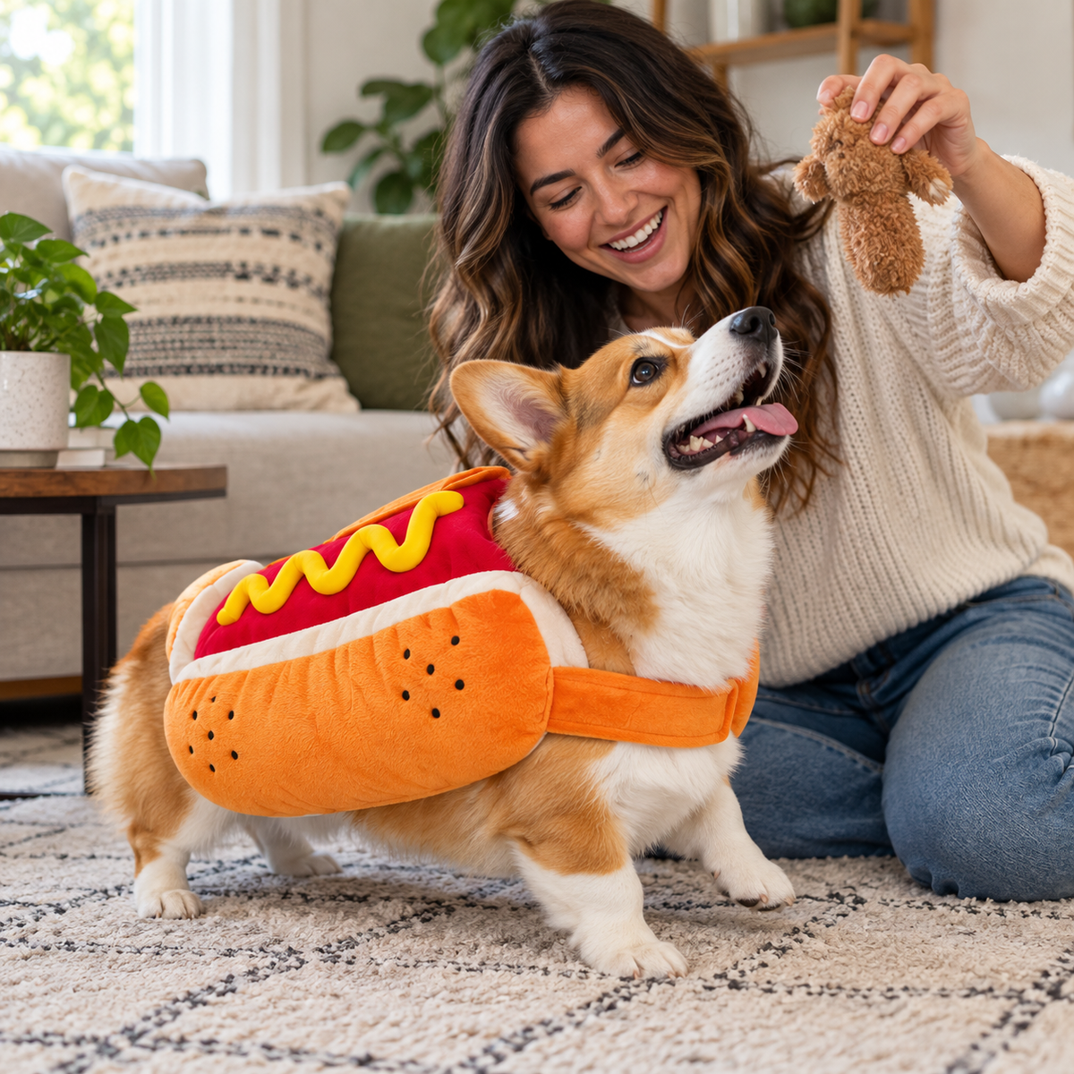 Câine purtând costum Hot Dog alături de persoană, imagine UGC