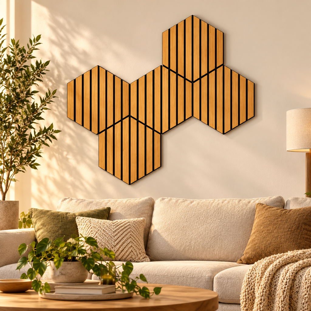 Set de cinci panouri hexagonale din lemn pe perete