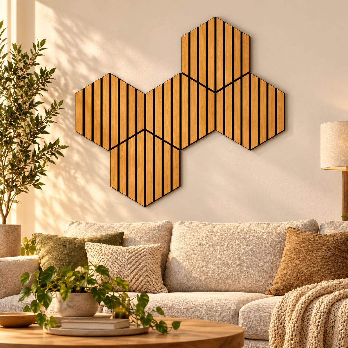 Set de cinci panouri hexagonale din lemn pe perete