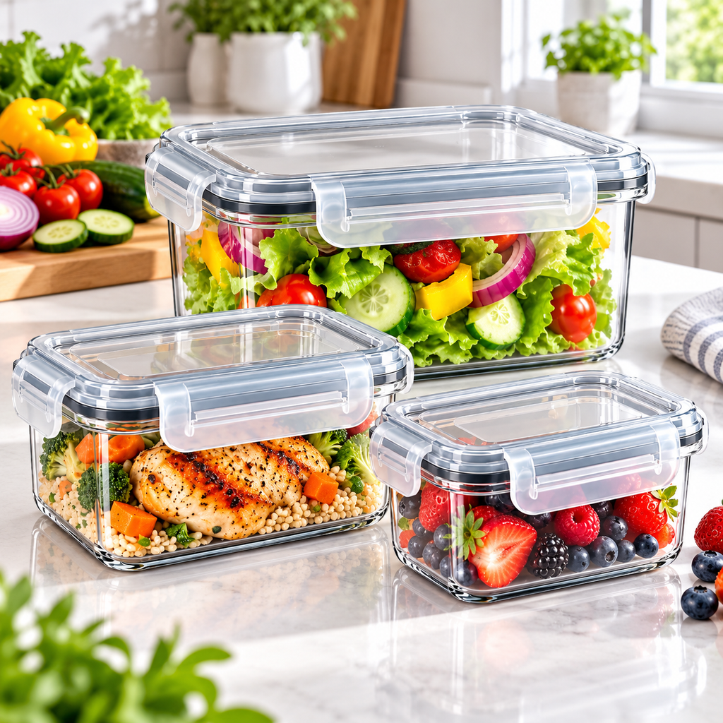Set de trei caserole transparente cu alimente
