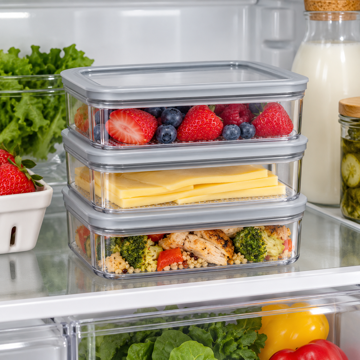 Caserole Curver transparente organizate în frigider