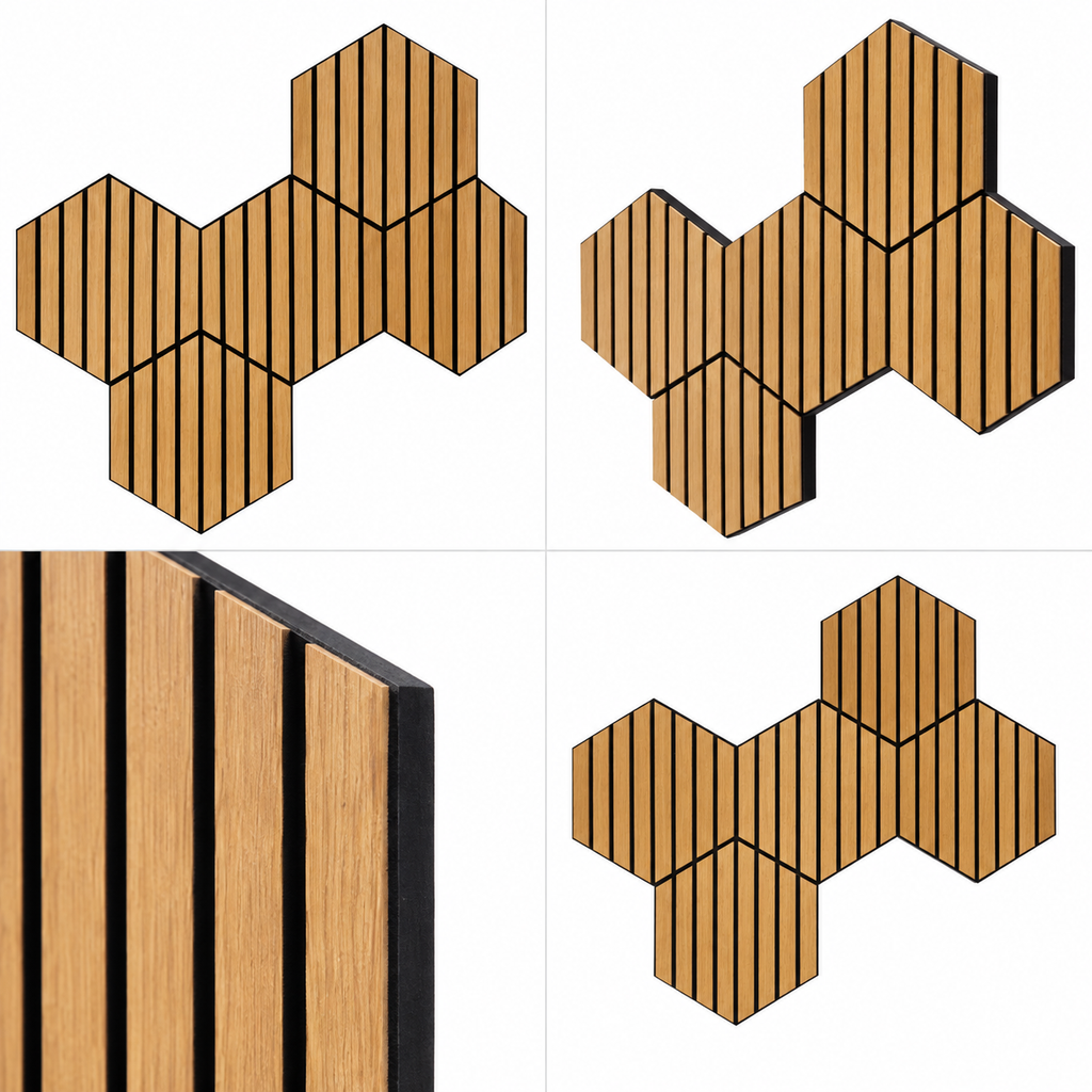 Panouri hexagonale din lemn văzute din mai multe unghiuri
