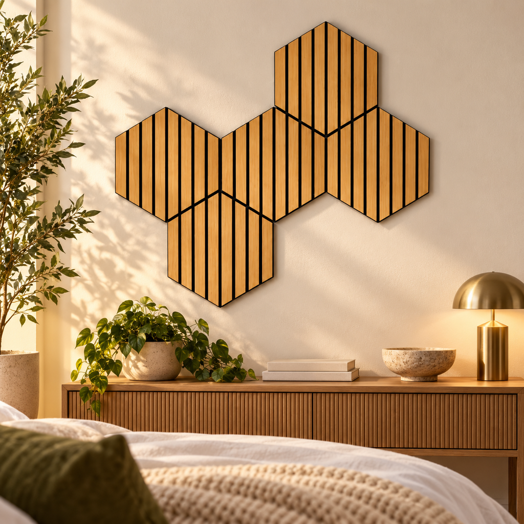Cinci panouri hexagonale deasupra unei console