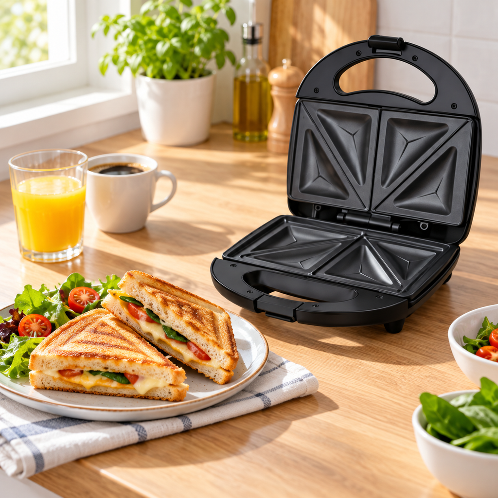 Sandwich maker deschis cu mic dejun pe blatul de bucătărie