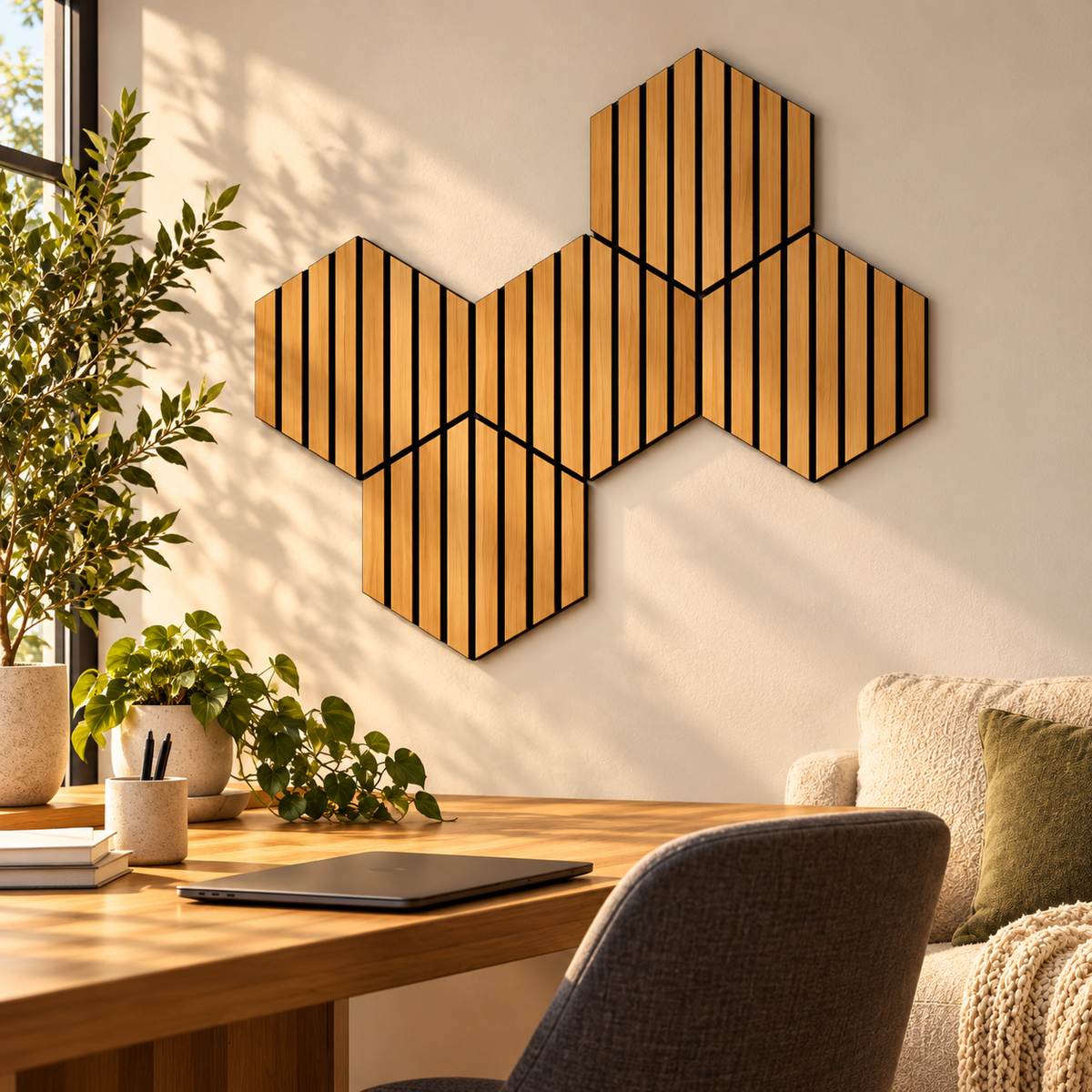 Panouri decorative hexagonale din lemn în living