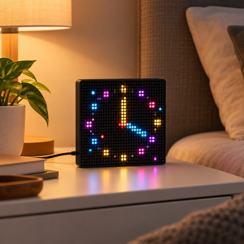 Tablă LED S-Eye folosită ca decor luminos pe noptieră