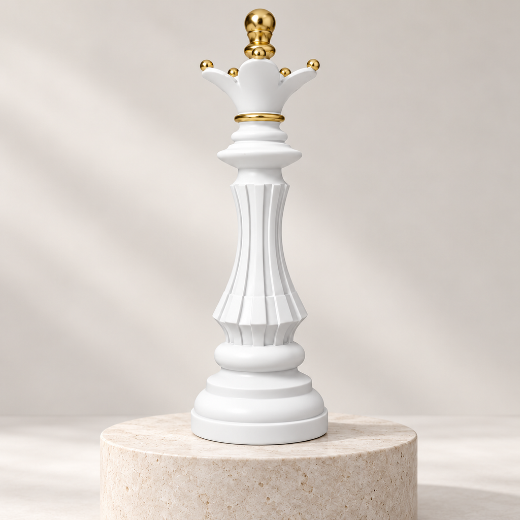 Statuetă de șah Regină albă cu auriu, vedere completă