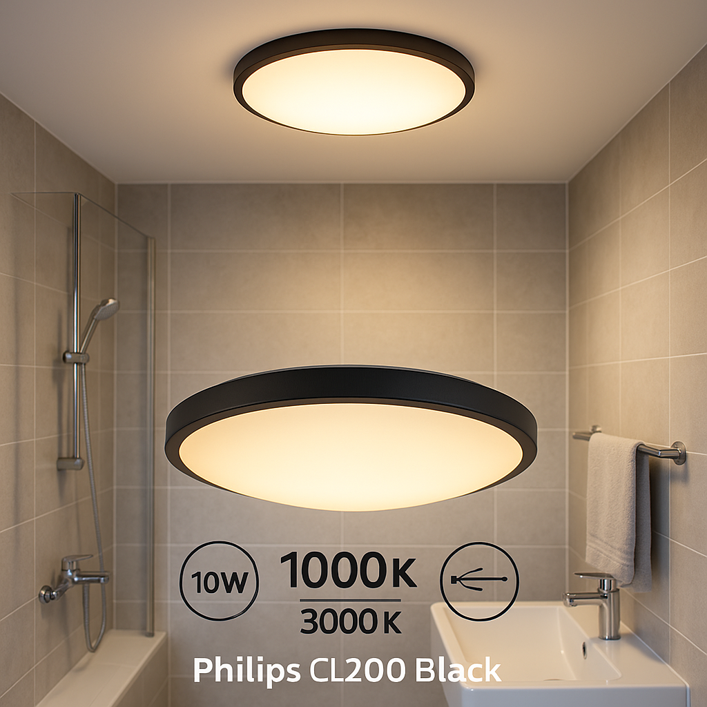 Plafoniera LED Philips CL200 Black, 10W, 1000 lm, 3000K, IP44, Ø24 cm