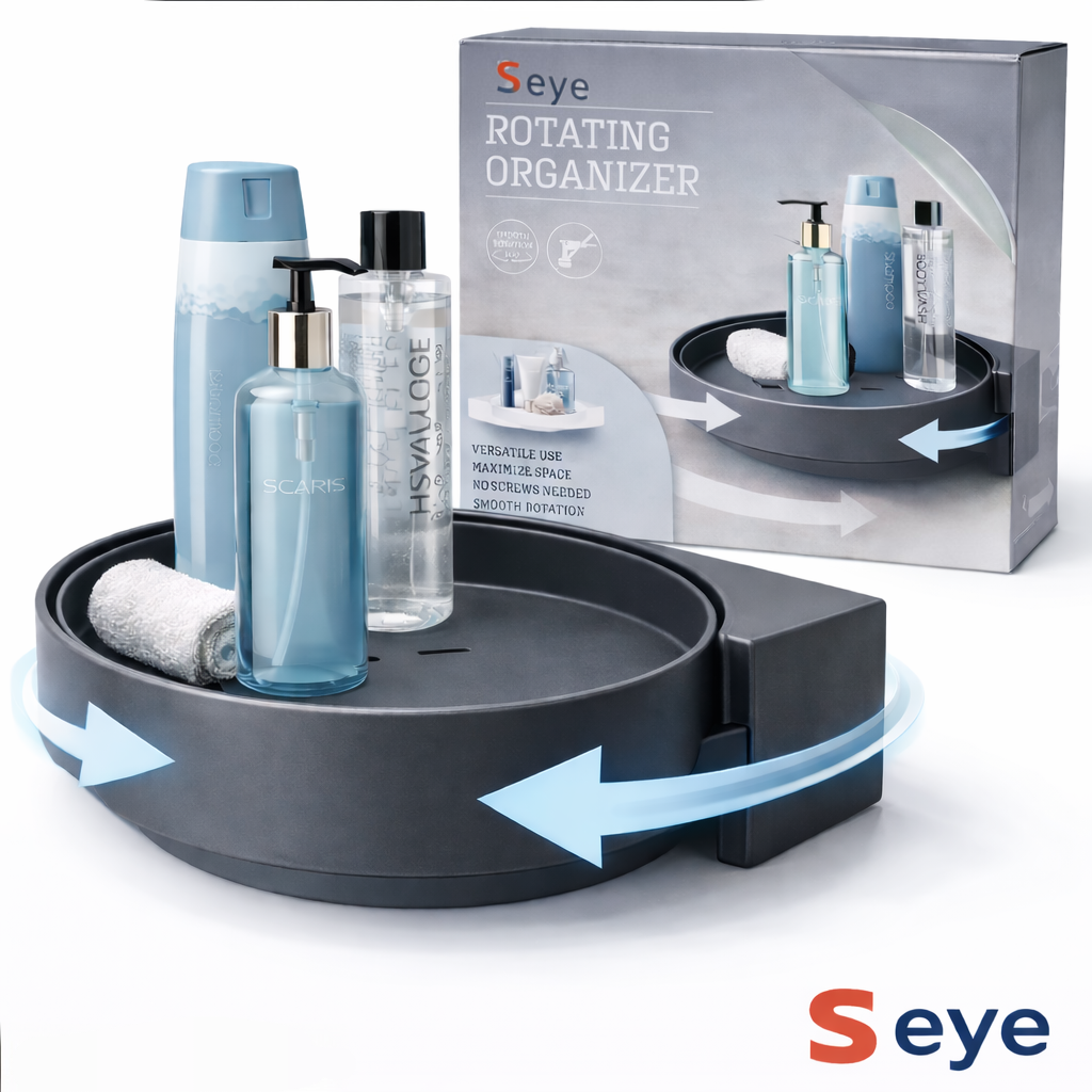 Suport rotativ baie s eye 360°, montaj fără găurire, organizator cosmetic rezistent la umezeală