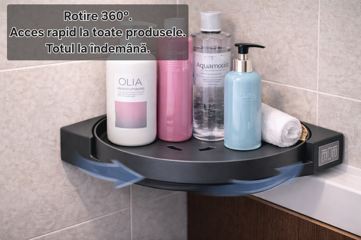 Suport rotativ baie s eye 360°, montaj fără găurire, organizator cosmetic rezistent la umezeală