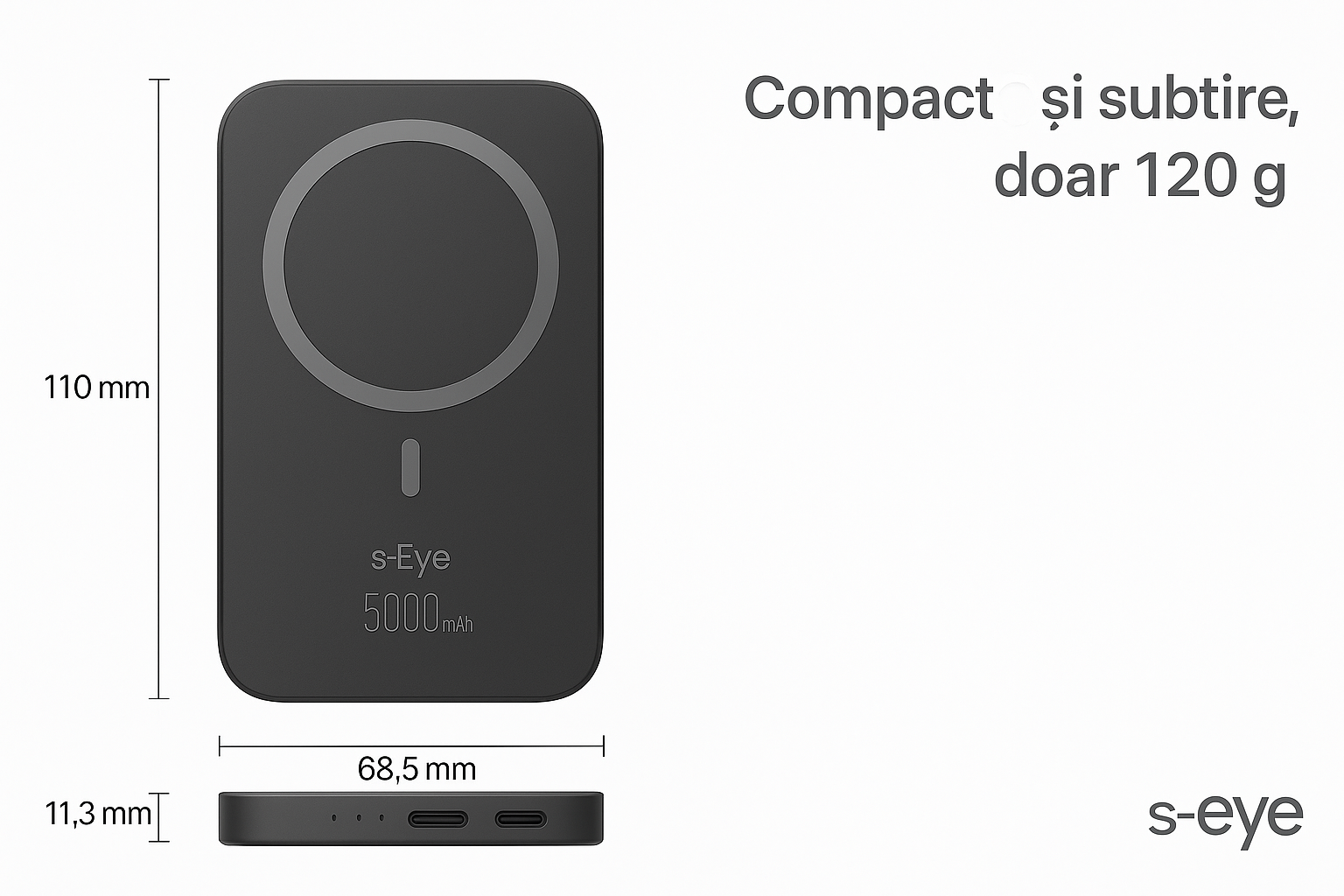 Baterie externa, Powerbank Magnetic s-Eye 5000 mAh cu Suport MagSafe si Stand Integrat – Incarcare Rapida USB-C & Wireless