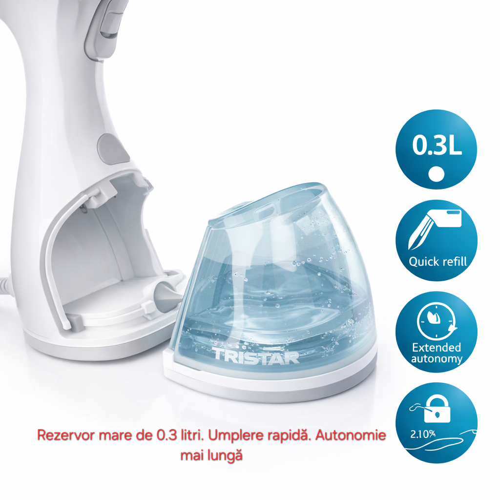 Calcator vertical cu abur s-Eye Tristar 1500W, abur continuu 25 g minut, rezervor 0.3L