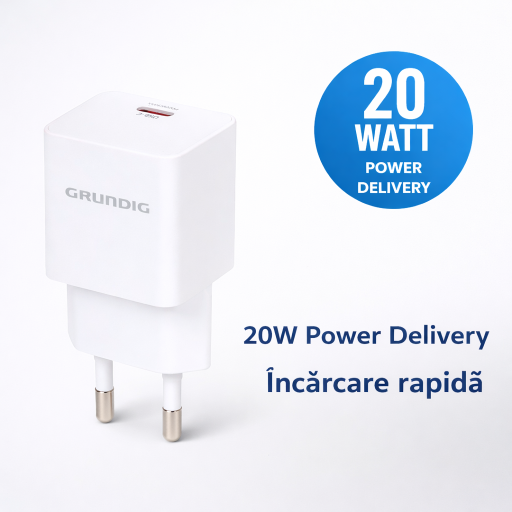 Incarcator Retea USB-C 20W Power Delivery, Priza EU, Alb - Compatibil iPhone, Samsung, Huawei, Xiaomi