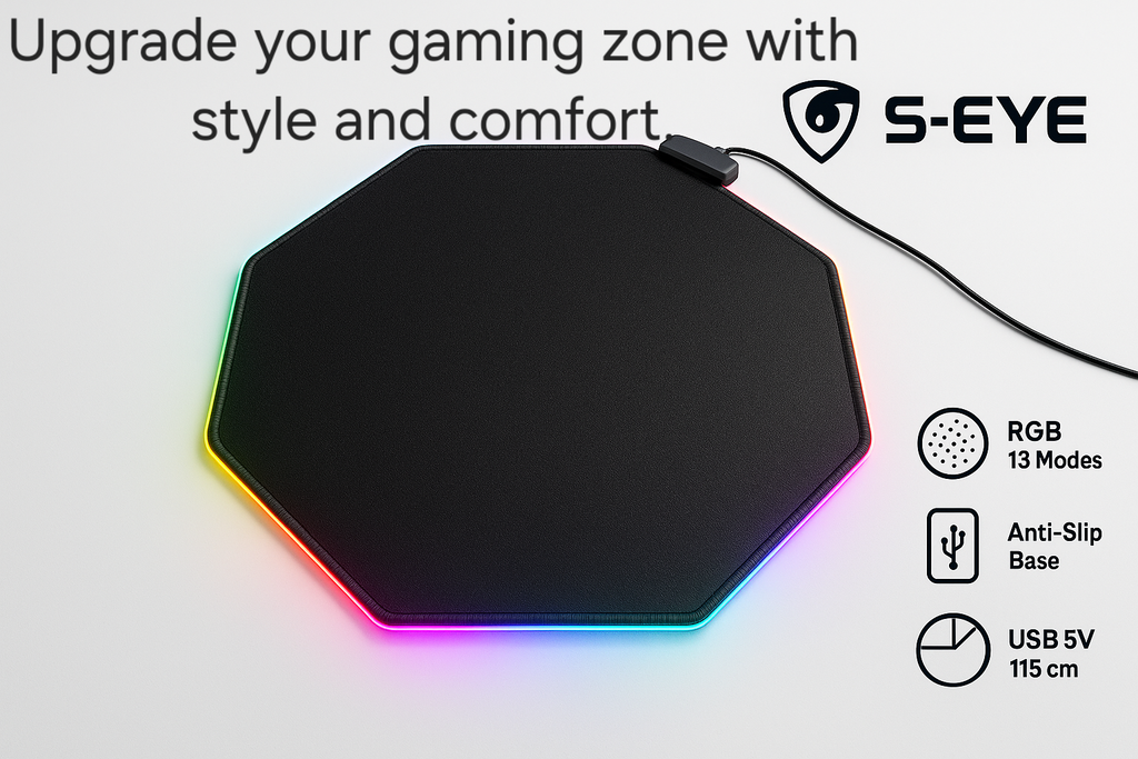 Covoraș de Podea Gaming S-Eye, LED RGB, octogonal, antiderapant, 115 cm, multicolor
