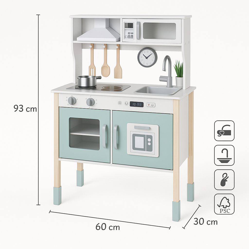 Bucătărie din Lemn S-Eye pentru Copii 60x30x93 cm cu 8 Piese și Accesorii FSC