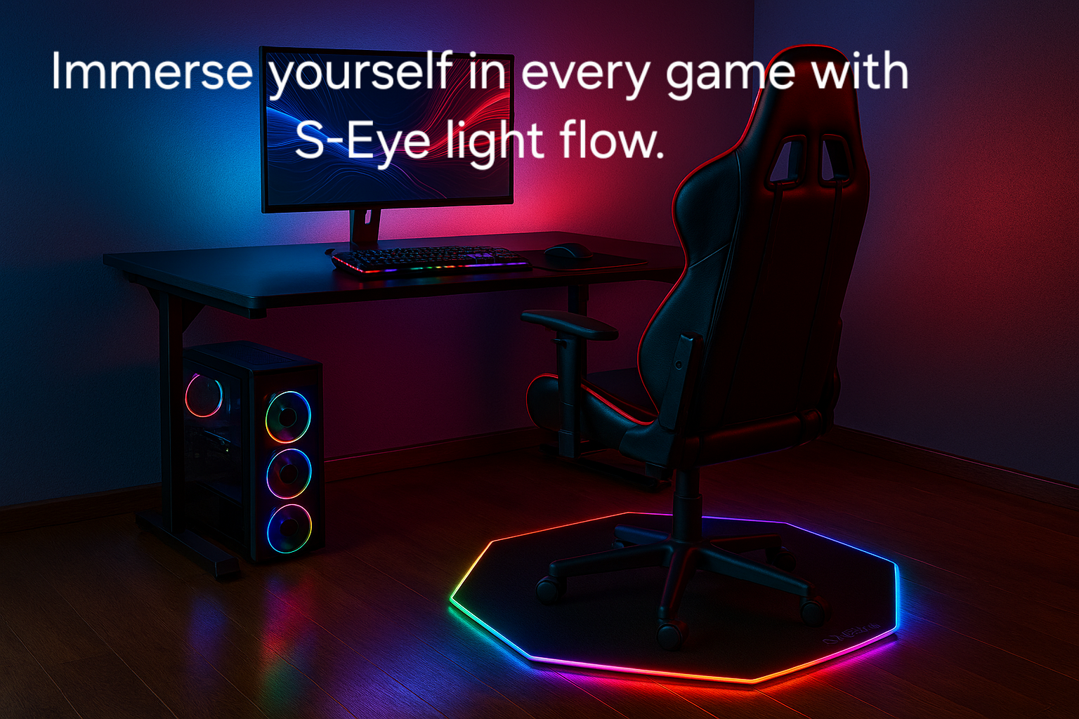 Covoraș de Podea Gaming S-Eye, LED RGB, octogonal, antiderapant, 115 cm, multicolor