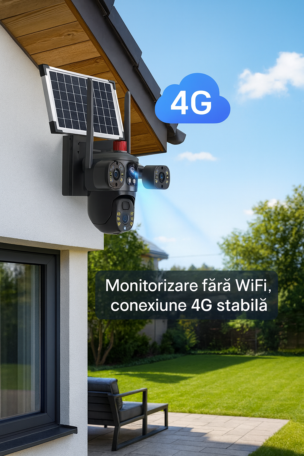 Cameră de Supraveghere Exterioară s-Eye Tripla 4G, 12MP Ultra HD, Zoom 10X, PTZ, Alimentare Solară 7.5W, Baterie 8000mAh