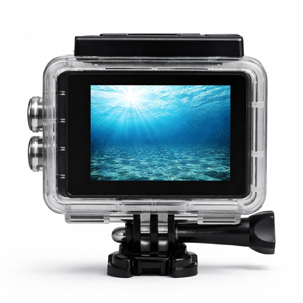 Cameră de acțiune Full HD 1080p cu WiFi, carcasă waterproof 30 m, ecran 2 inch, accesorii incluse