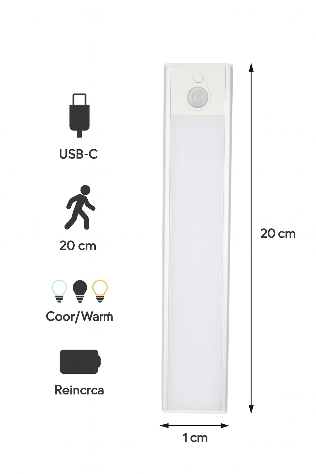 Lampa cu LED sub dulap S-Eye 200mm – Senzor de miscare, reincarcabila USB Type-C, 3 nuante de lumina (3000K-6500K) 
