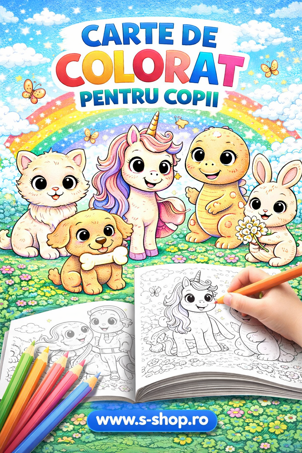 Carte de Colorat pentru Copii, 50 Desene cu Animale, Unicorni si Dinozauri, Format Mare