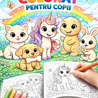Carte de Colorat pentru Copii, 50 Desene cu Animale, Unicorni si Dinozauri, Format Mare