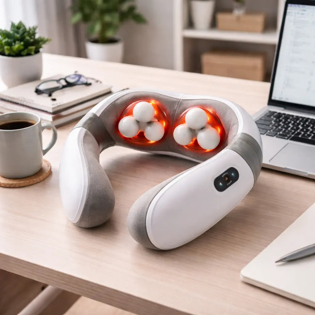 Aparat masaj cervical cu frământare și încălzire, baterie reîncărcabilă, rotație 360°