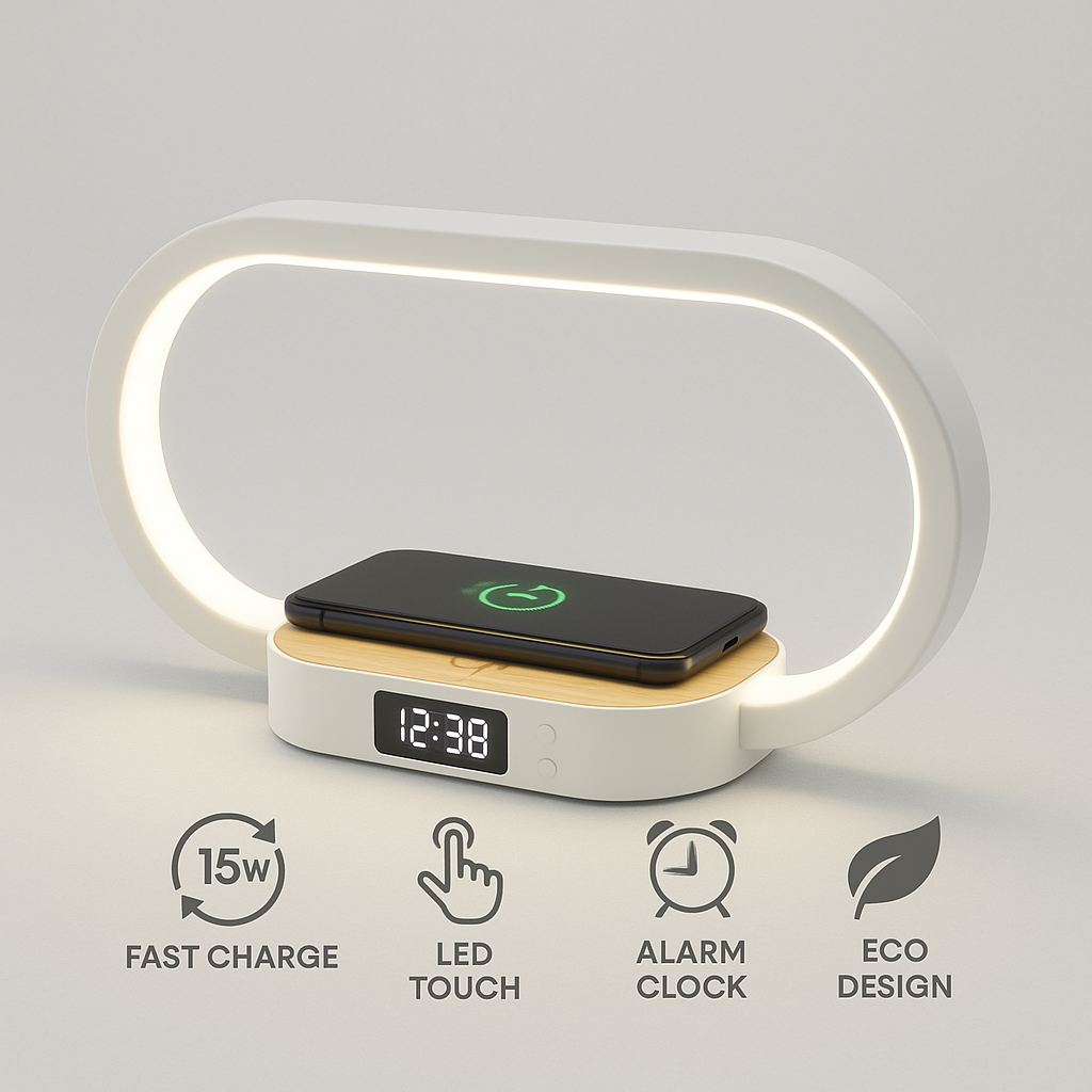 Lampa Multifunctionala s-Eye 3-in-1 cu Ceas, Lumina LED Reglabila si Wireless Charger