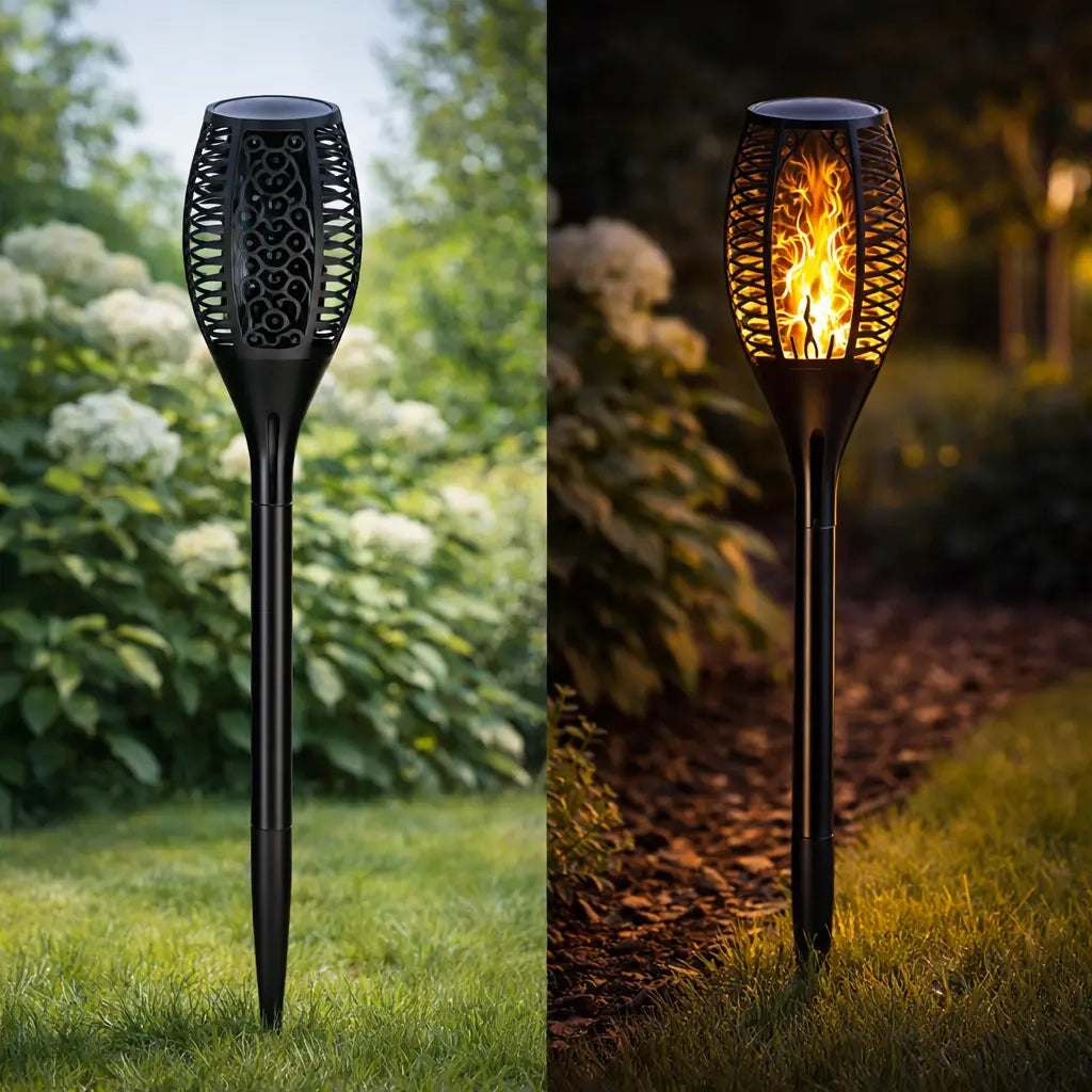 Lampă solară LED cu efect flăcără pentru grădină, aprindere automată, montaj în sol
