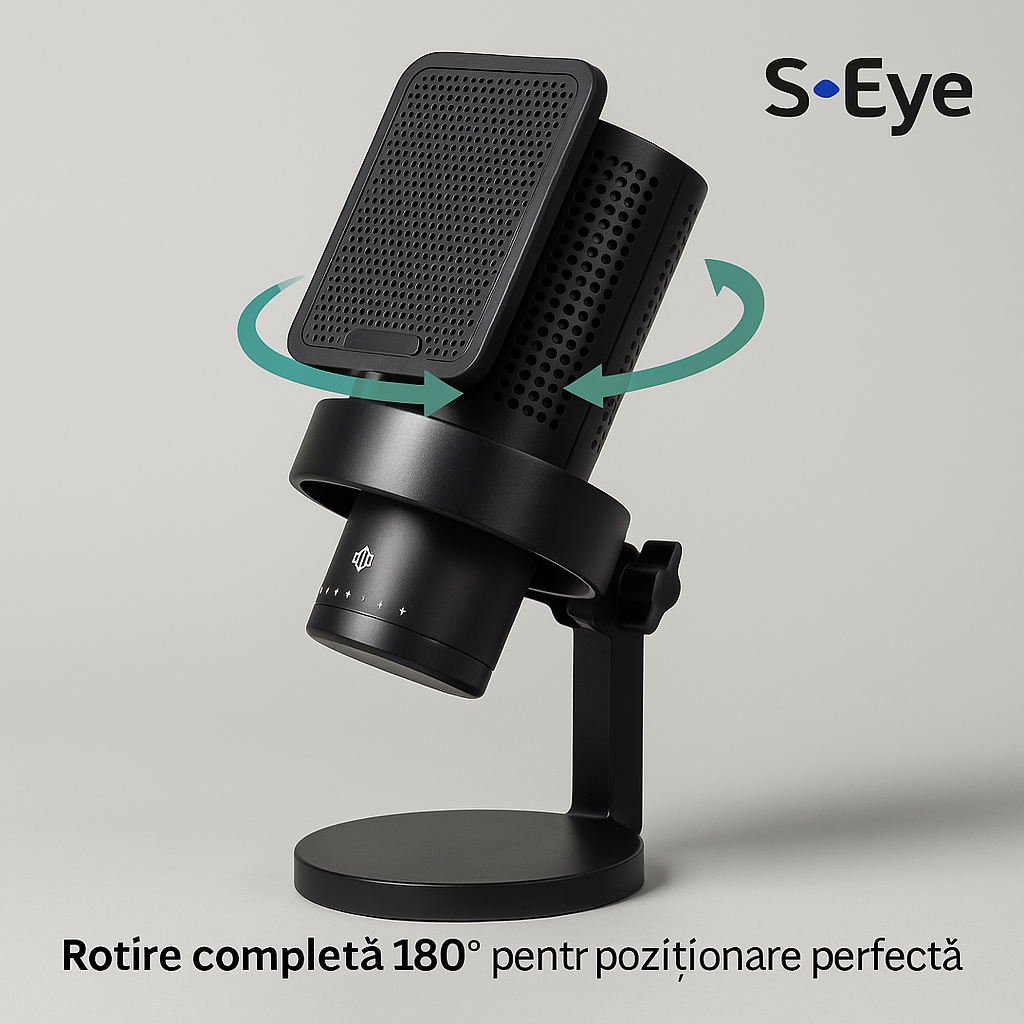 Microfon Profesional S-Eye USB cu LED RGB si Rotire 180° – Sunet Clar pentru Podcast si Gaming