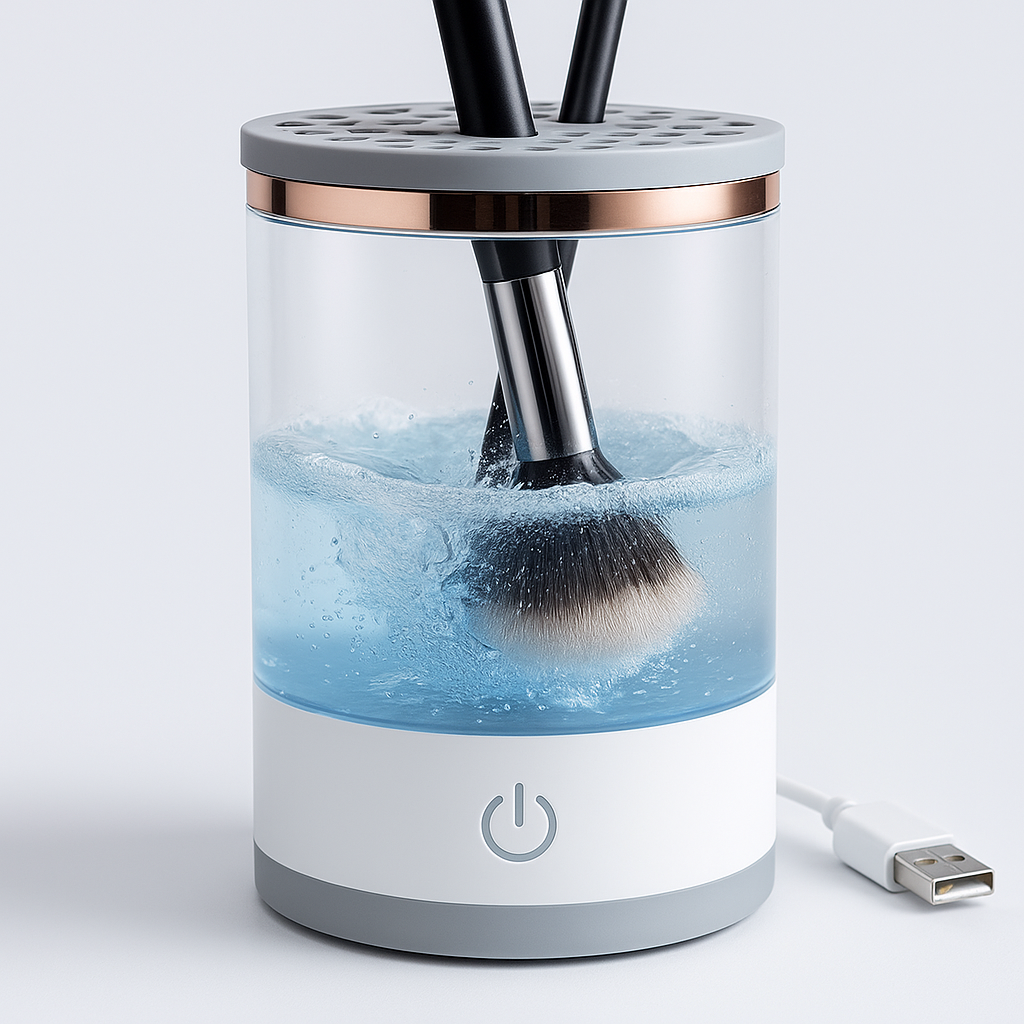 Aparat curățare pensule machiaj S-Eye, rotire 360°, suport uscare, alb, pentru 3 pensule