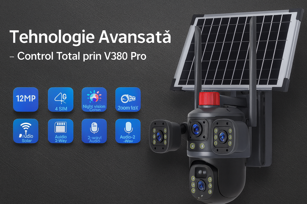 Cameră de Supraveghere Exterioară s-Eye Tripla 4G, 12MP Ultra HD, Zoom 10X, PTZ, Alimentare Solară 7.5W, Baterie 8000mAh