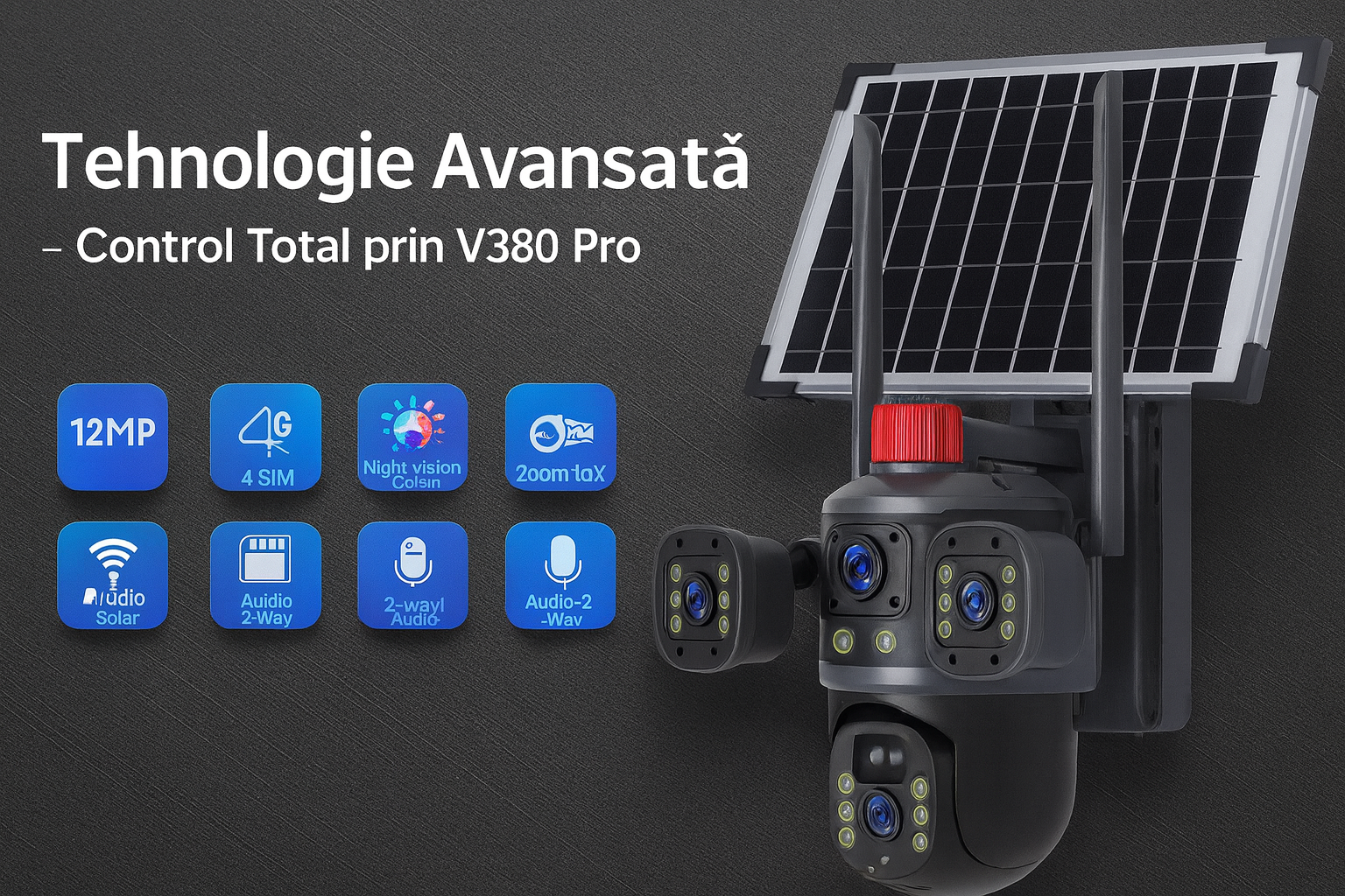 Cameră de Supraveghere Exterioară s-Eye Tripla 4G, 12MP Ultra HD, Zoom 10X, PTZ, Alimentare Solară 7.5W, Baterie 8000mAh