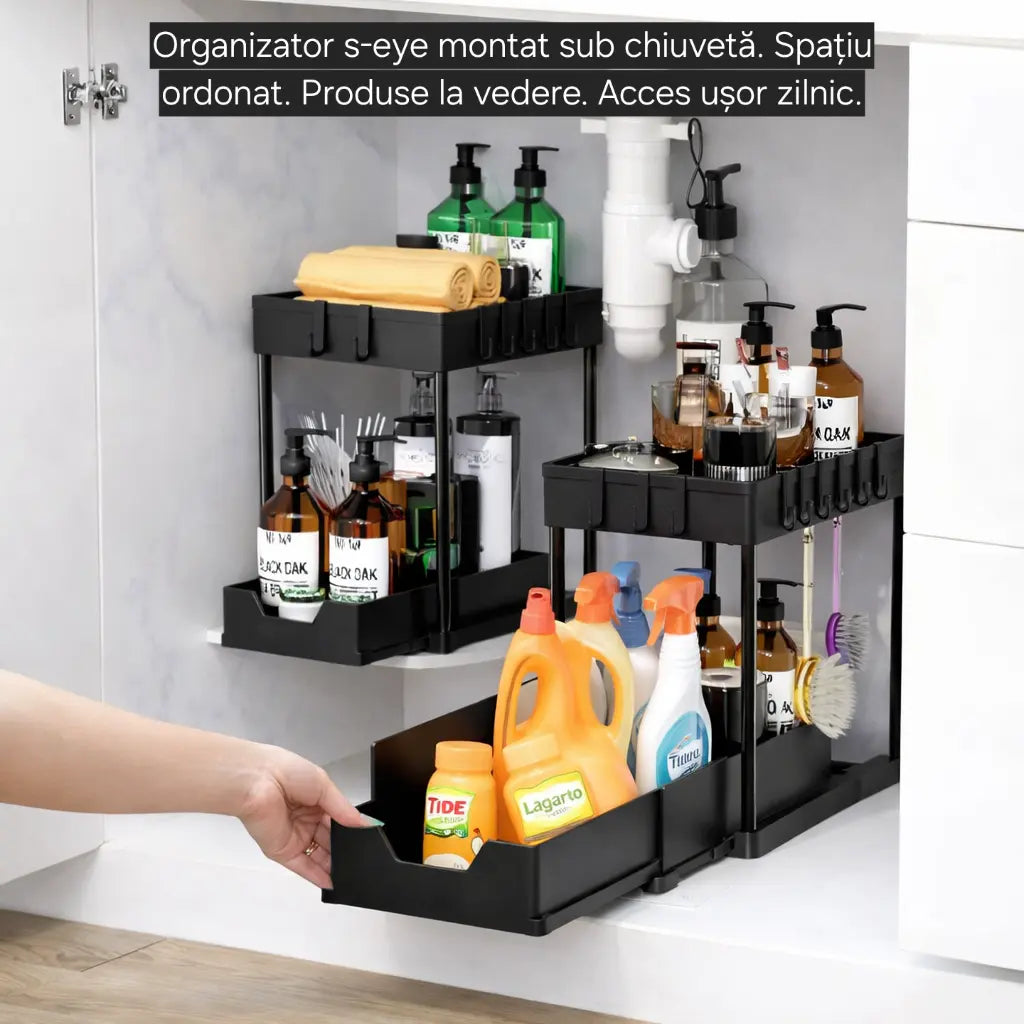 Organizator sub chiuvetă s-eye cu coș glisant, 2 niveluri, raft depozitare baie și bucătărie, negru