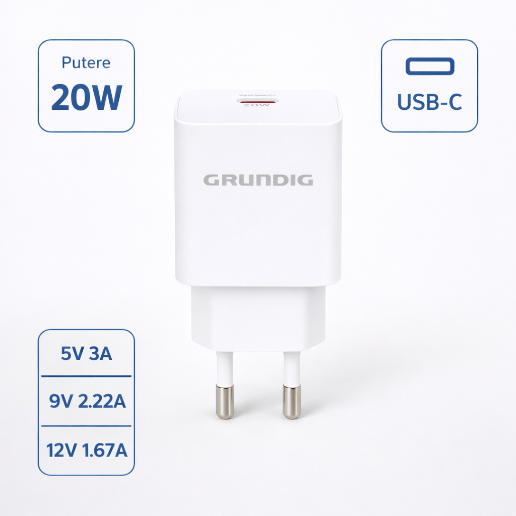 Incarcator Retea USB-C 20W Power Delivery, Priza EU, Alb - Compatibil iPhone, Samsung, Huawei, Xiaomi