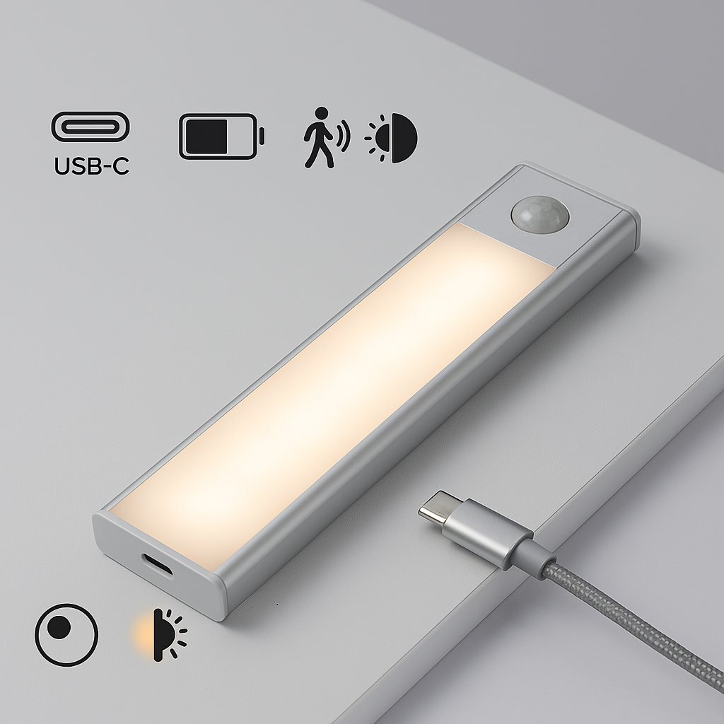 Lampa cu LED sub dulap S-Eye 200mm – Senzor de miscare, reincarcabila USB Type-C, 3 nuante de lumina (3000K-6500K)