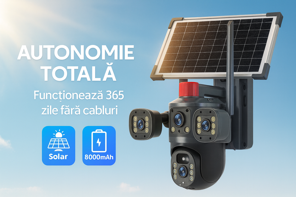 Cameră de Supraveghere Exterioară s-Eye Tripla 4G, 12MP Ultra HD, Zoom 10X, PTZ, Alimentare Solară 7.5W, Baterie 8000mAh