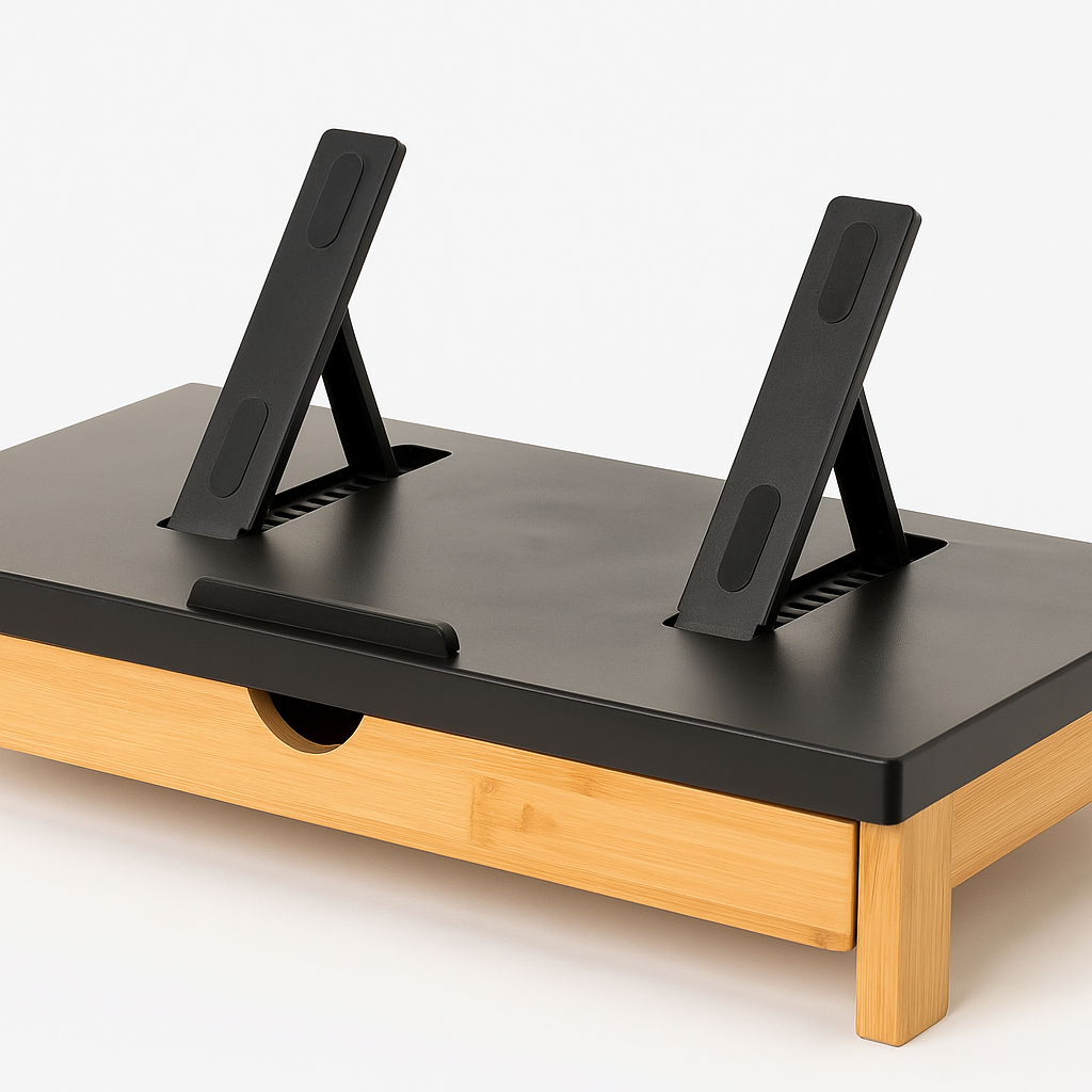 Suport laptop s-Eye din bambus cu sertar si stand pentru tableta, reglabil 9 pozitii