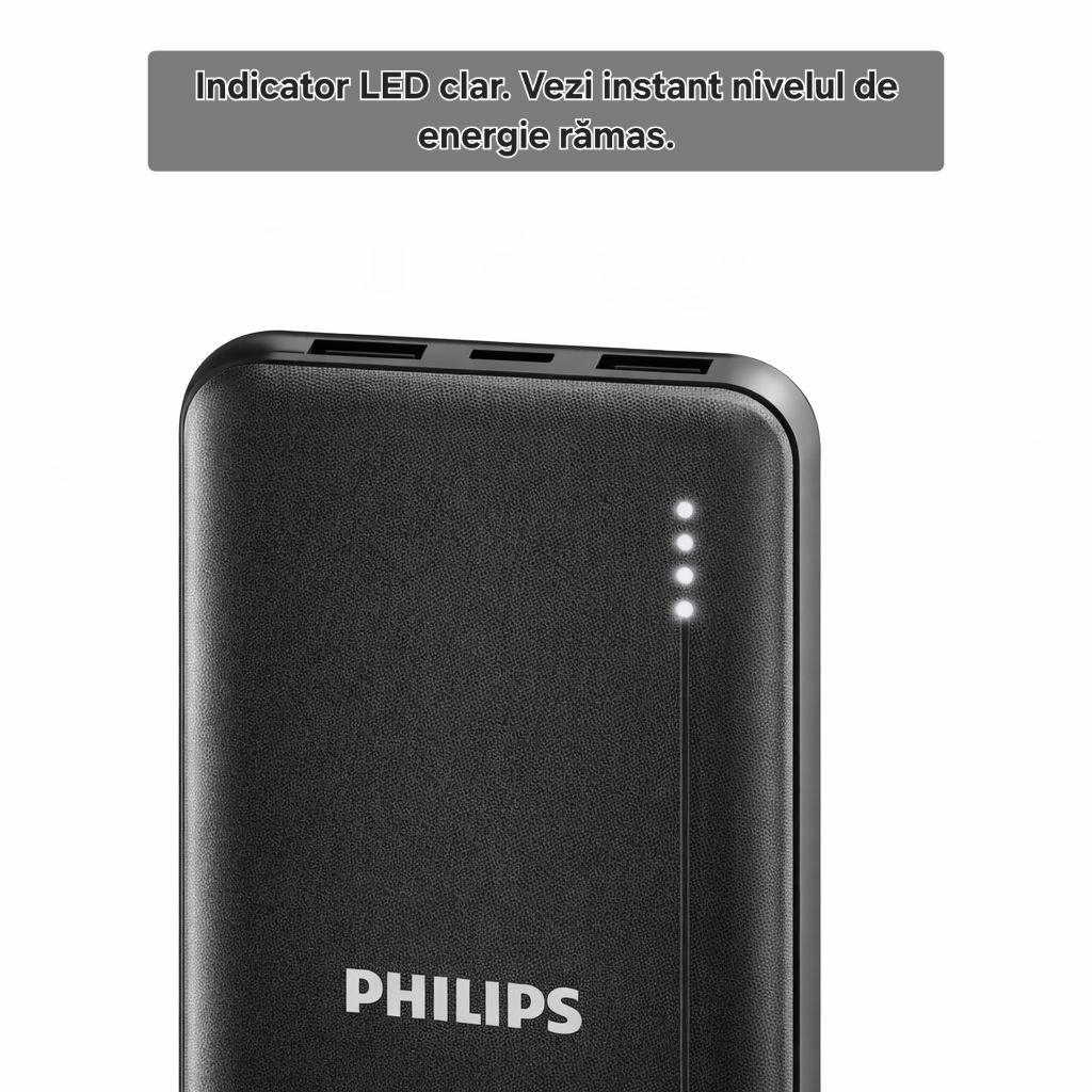 Baterie externă Philips 10000 mAh, PD 20W, încărcare de până la 2.3 ori mai rapidă, USB C, 2 x USB A, protecție avansată, sigură pentru avion, cablu inclus