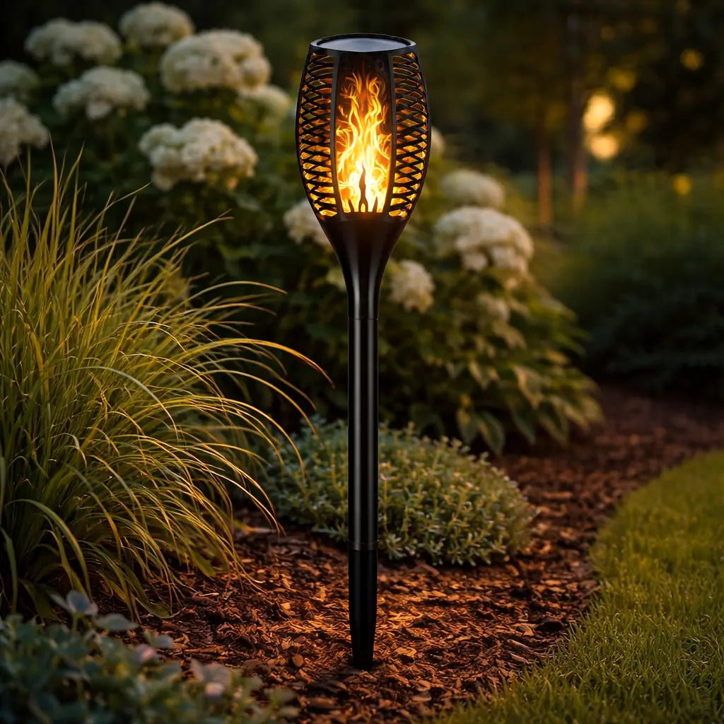 Lampă solară LED cu efect flacără pentru grădină, aprindere automată, montaj în sol