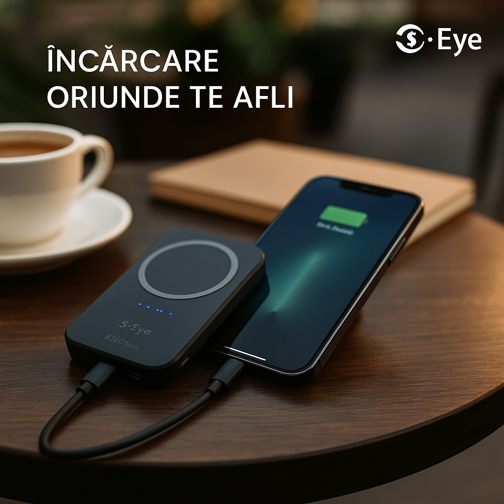 Baterie externa, Powerbank Magnetic s-Eye 5000 mAh cu Suport MagSafe si Stand Integrat – Incarcare Rapida USB-C & Wireless