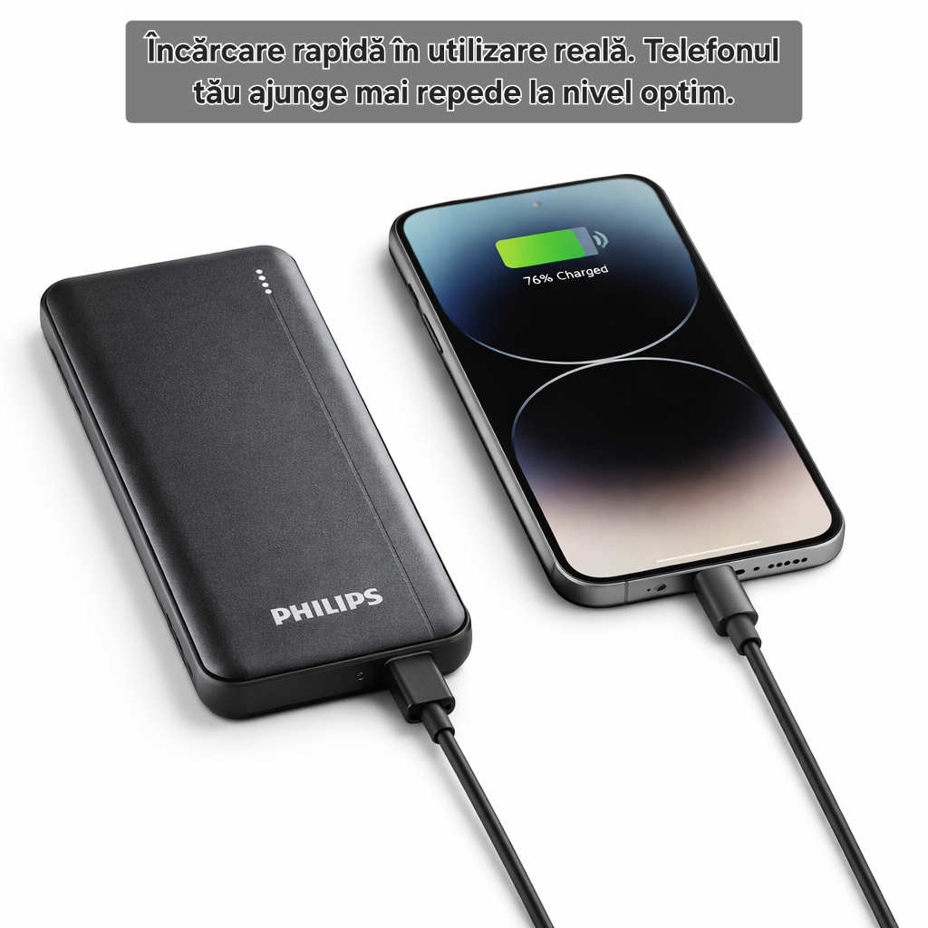 Baterie externă Philips 10000 mAh, PD 20W, încărcare de până la 2.3 ori mai rapidă, USB C, 2 x USB A, protecție avansată, sigură pentru avion, cablu inclus