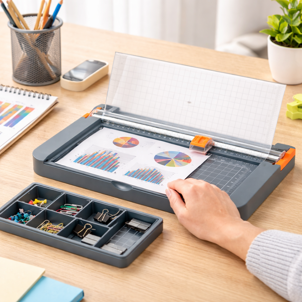 Ghilotină hârtie A4 s-Eye cu riglă integrată și compartimente de depozitare