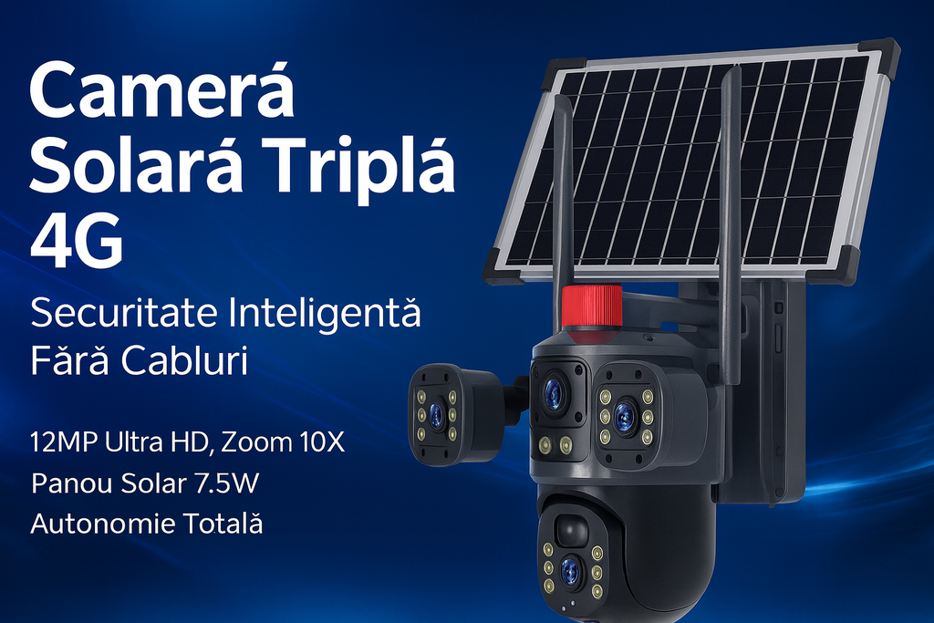 Cameră de Supraveghere Exterioară s-Eye Tripla 4G, 12MP Ultra HD, Zoom 10X, PTZ, Alimentare Solară 7.5W, Baterie 8000mAh
