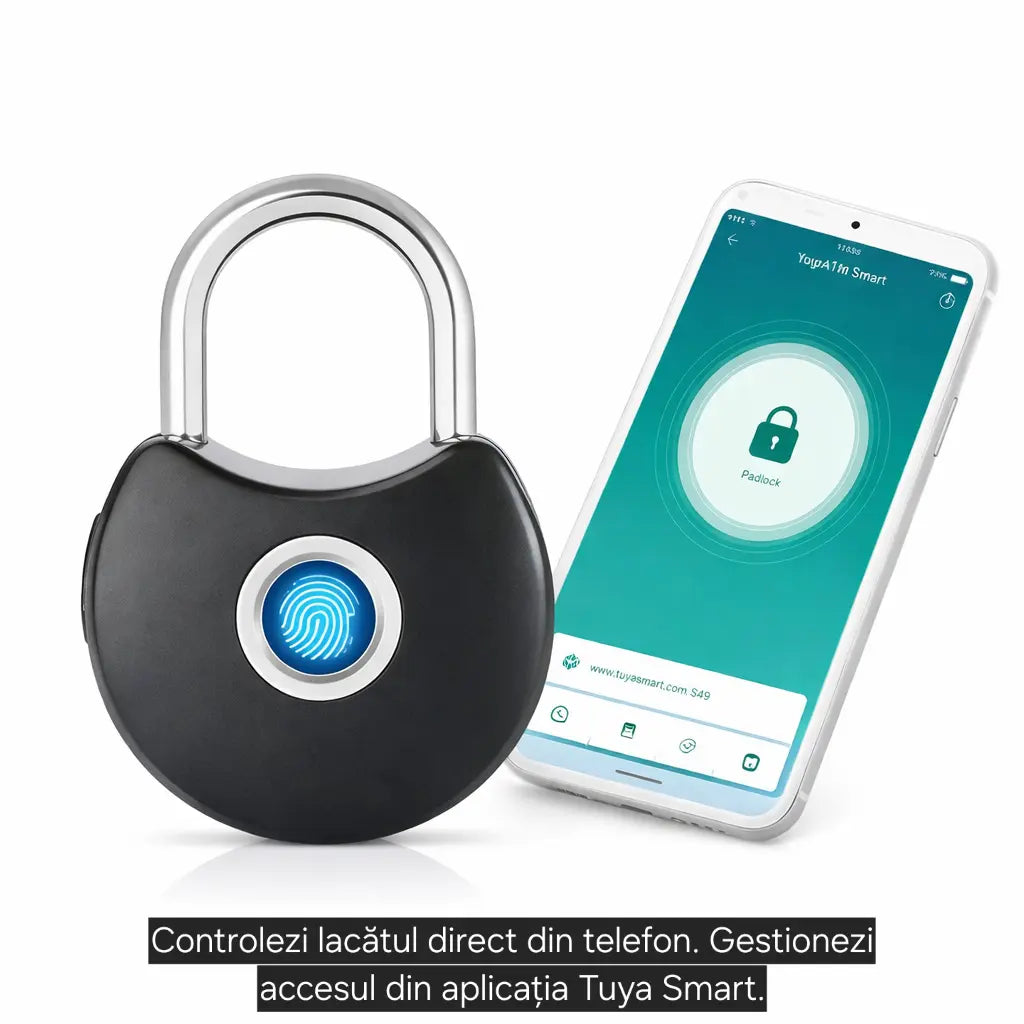 Lacăt inteligent s-Eye cu amprentă, aplicație Tuya, fără cheie, USB reîncărcabil, IP65, negru