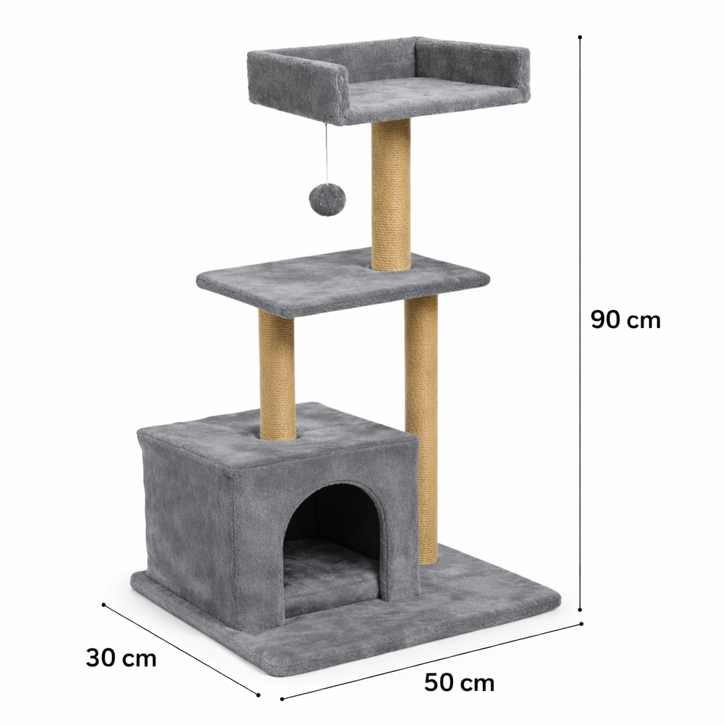 Ansamblu Joaca Pisici S-Eye - Stalp Zgariat 3 Niveluri, 30x50x90 cm, Plus Moale, Sisal Rezistent, Gri
