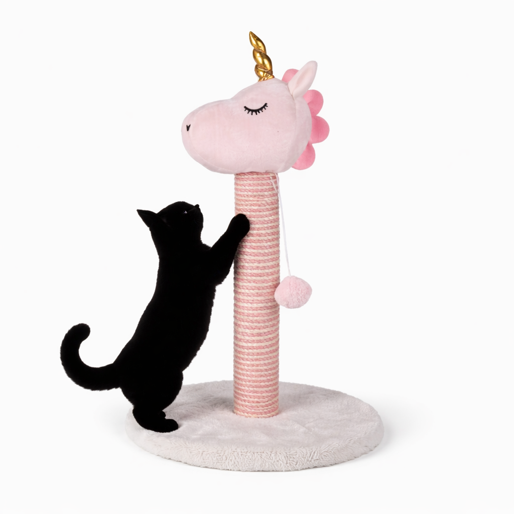 Ansamblu de zgâriat pentru pisici S-Eye Unicorn, 48 cm, stâlp sisal, bază 34 cm, minge suspendată, roz