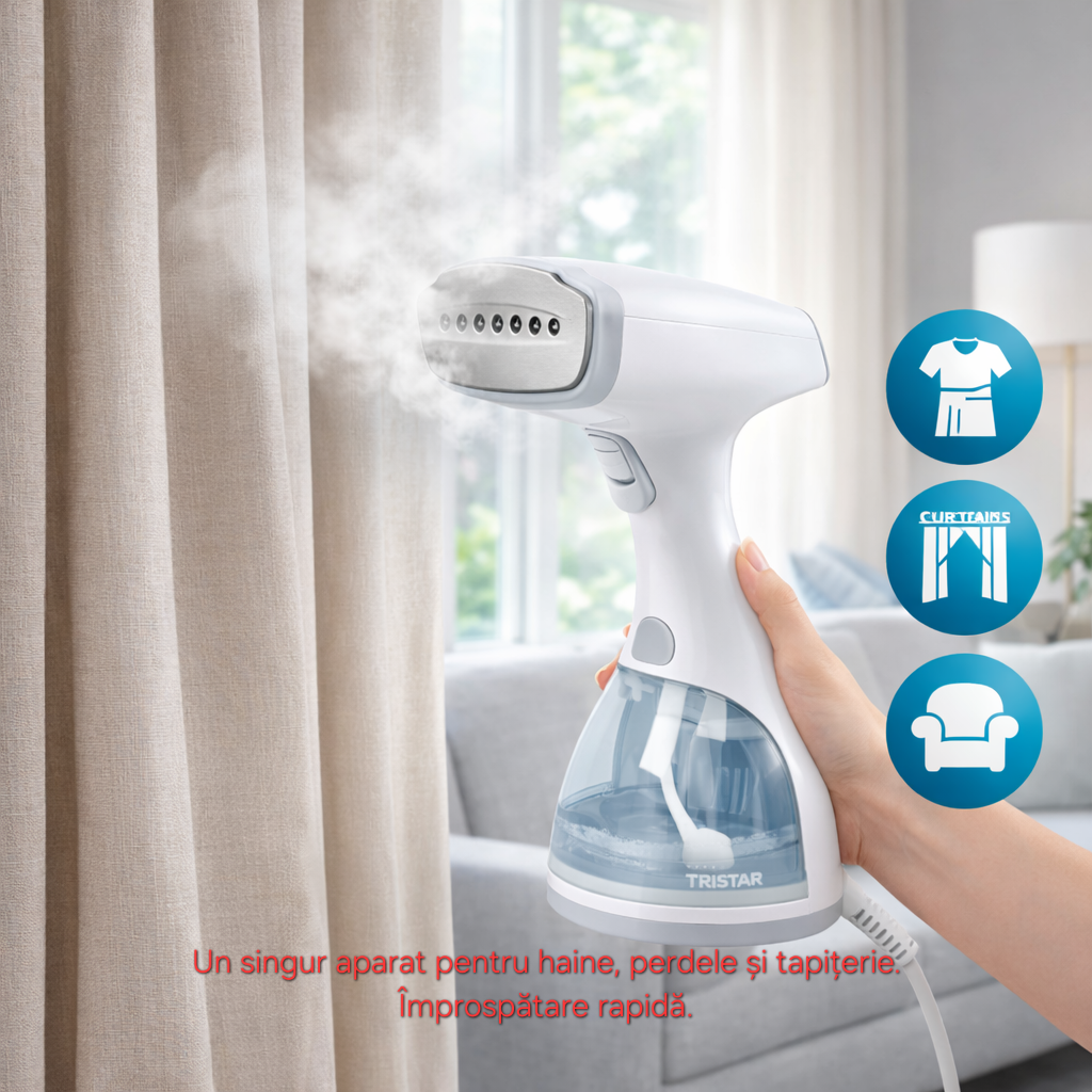 Calcator vertical cu abur s-Eye Tristar 1500W, abur continuu 25 g minut, rezervor 0.3L