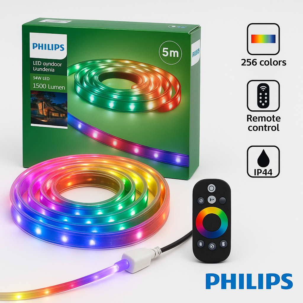 Bandă LED Philips Exterior 5 m RGB 1500 lm cu Telecomandă și Protecție IP44