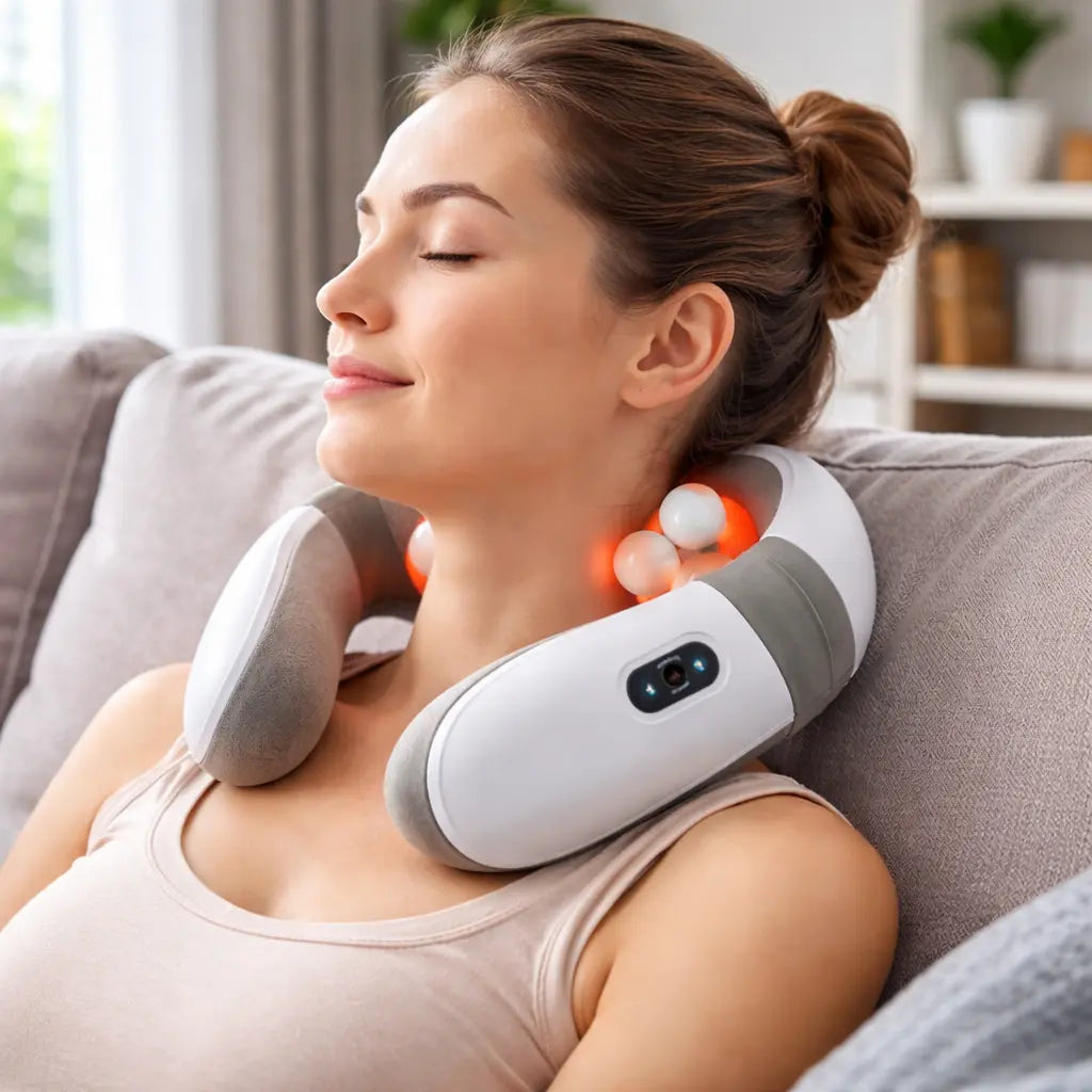 Aparat masaj cervical cu frământare și încălzire, baterie reîncărcabilă, rotație 360°