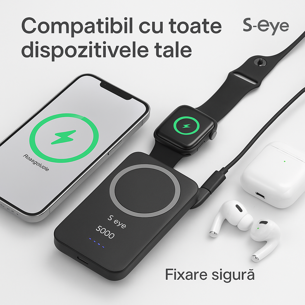Baterie externa, Powerbank Magnetic s-Eye 5000 mAh cu Suport MagSafe si Stand Integrat – Incarcare Rapida USB-C & Wireless